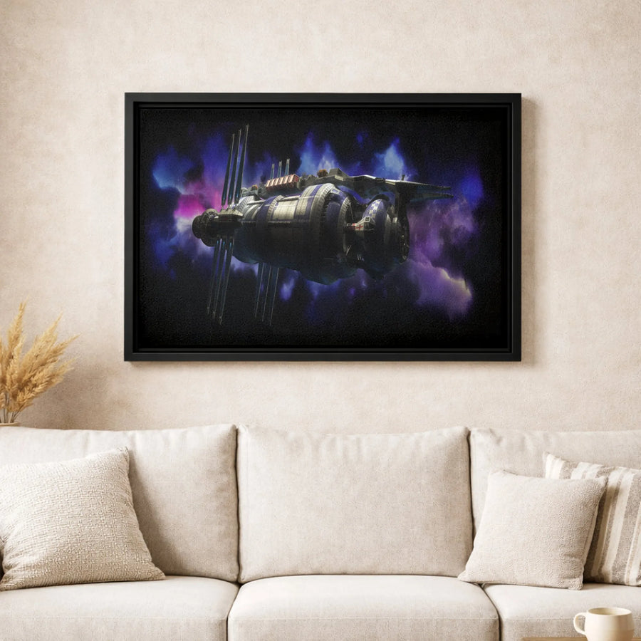 Sci-Fi Spaceship Canvas Wall Art | Purple Nebula Galaxy Print | Premium Gallery Wrapped Decor | Modern Space Travel Gift For Him