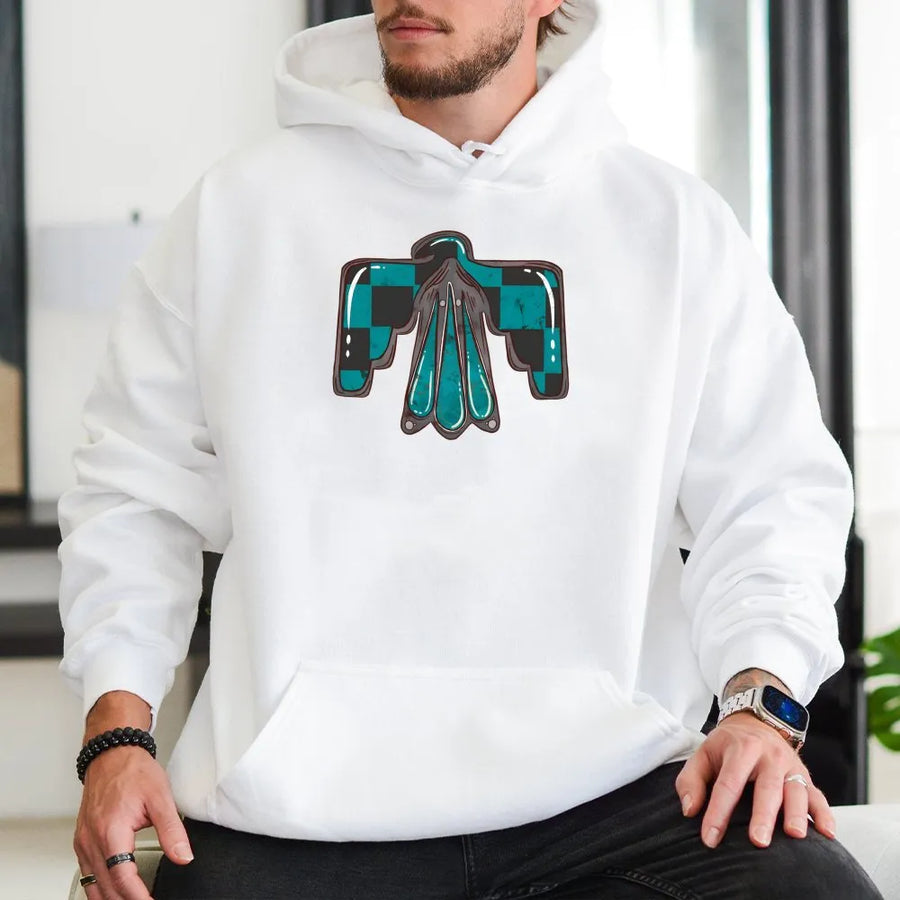 Checkered Thunderbird Hoodie | Western Turquoise Bird Graphic | Premium Cotton Blend | Cowgirl Aesthetic Western Gift for Women