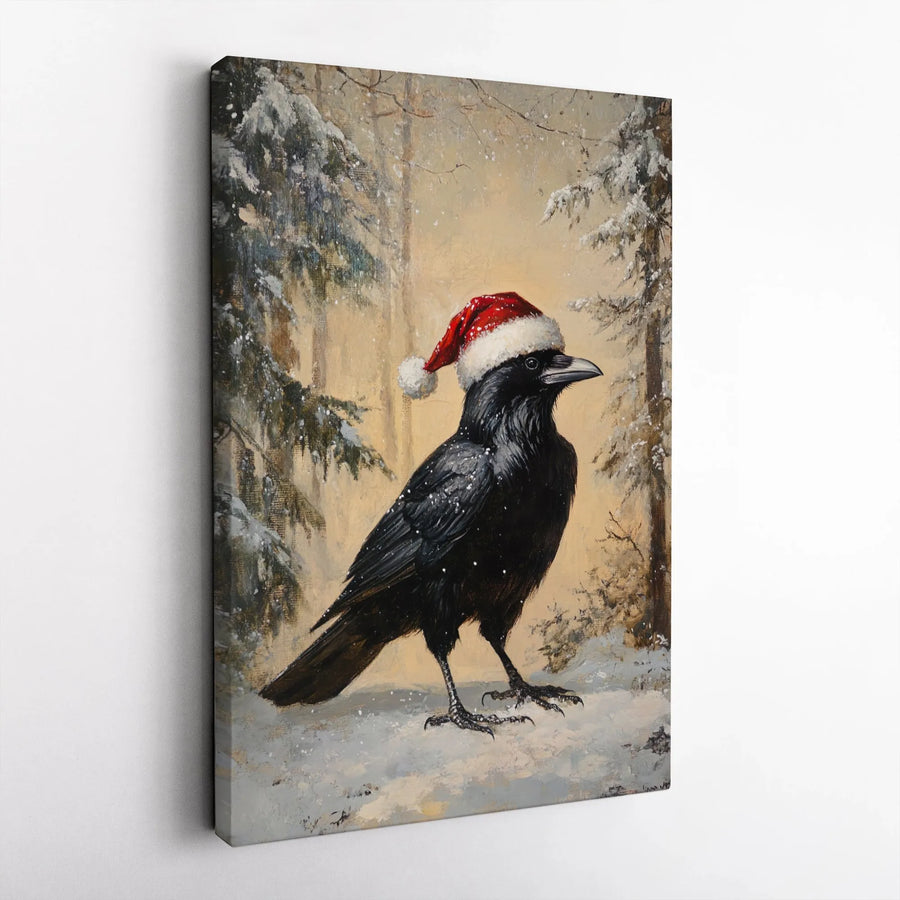 Christmas Crow Canvas Wall Art | Winter Raven in Santa Hat Painting | Premium Gallery-Wrapped Decor | Unique Holiday Gift for Bird Lovers