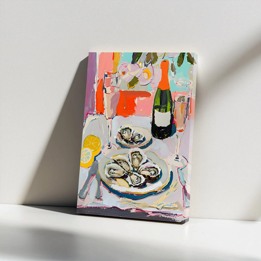 Oyster and Champagne Canvas Print | Abstract Still Life Wall Art | Premium Gallery Wrap 1.25 Inch | Modern Kitchen or Dining Room Decor Gift