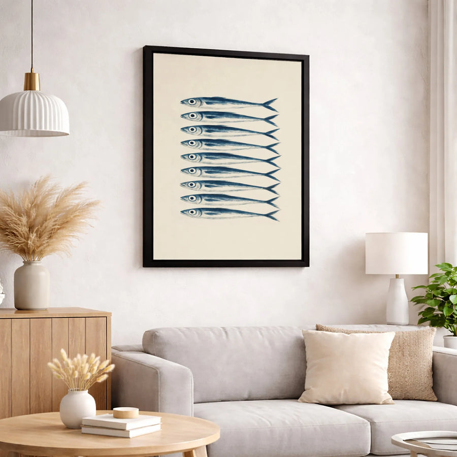 Sardine Fish Wall Art Canvas | Minimalist Watercolor Nautical Print | Gallery Quality 1.25-inch Thick Profile | Coastal Decor Gift for Beach House