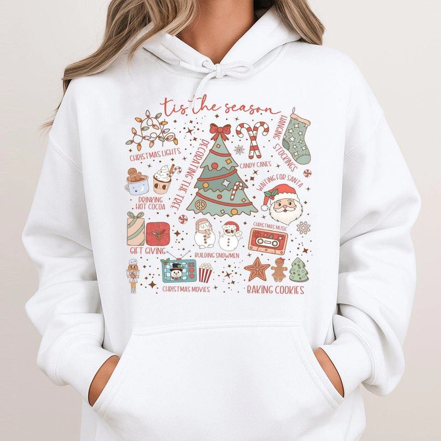 Tis The Season Christmas Hoodie | Festive Holiday Icons Graphic Print | Premium Cotton-Poly Blend | Cozy Unisex Gift for Christmas Lovers