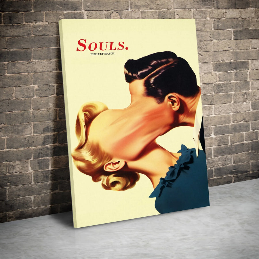 Surreal Kissing Couple Canvas Art | Vintage Romantic Soulmate Print | Premium Gallery Wrap Wall Decor | Unique Anniversary Gift For Couples