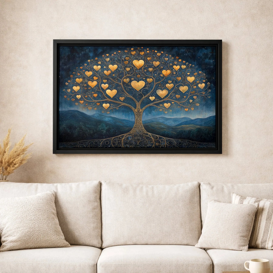 Tree Of Life Canvas Wall Art | Golden Heart Branches Illustration | Premium Gallery Wrapped Print | Romantic Living Room Decor & Housewarming Gift