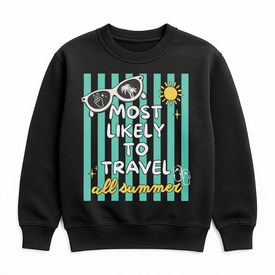 Most Likely To Travel Sweatshirt | Retro Summer Graphic Pullover | Premium Soft Cotton Blend | Funny Vacation Gift for Traveler
