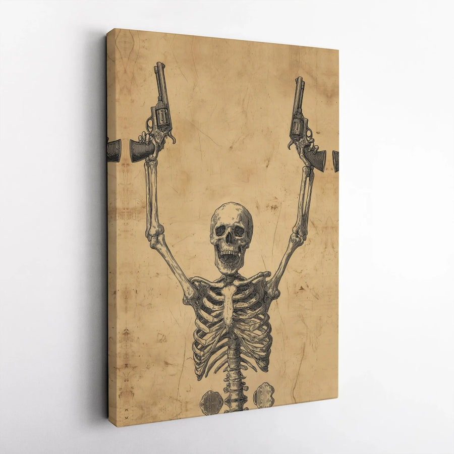 Skeleton With Revolvers Wall Art | Western Gothic Skull Illustration | 1.25 Inch Gallery Wrap Canvas | Premium Edgy Home Decor Gift