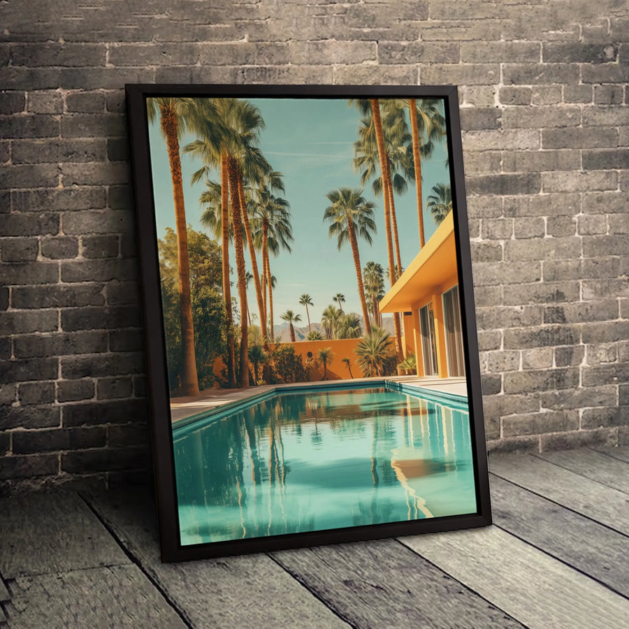 Palm Springs Mid-Century Modern Canvas Art | Retro Poolside Palm Tree Wall Decor | Premium 1.25-inch Gallery Wrap | Architecture Gift for Home