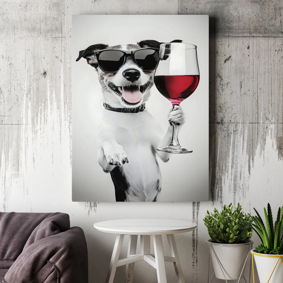 Dog with Wine Canvas Print | Funny Jack Russell Art | 1.25 Inch Gallery Wrapped Premium Decor | Perfect Gift for Dog Lovers and Wine Enthusiasts