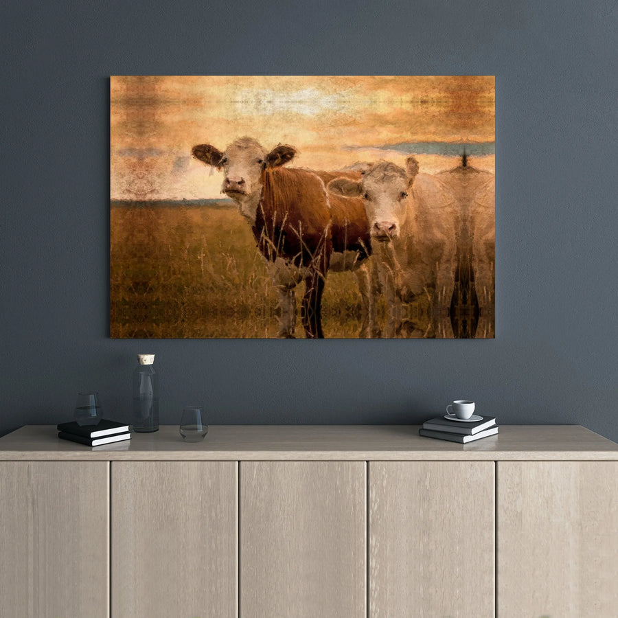 Rustic Farmhouse Cow Canvas Wall Art | Two Cows in Field Painting Print | Premium Gallery Wrap Wooden Frame | Farm Decor Gift for Country Home