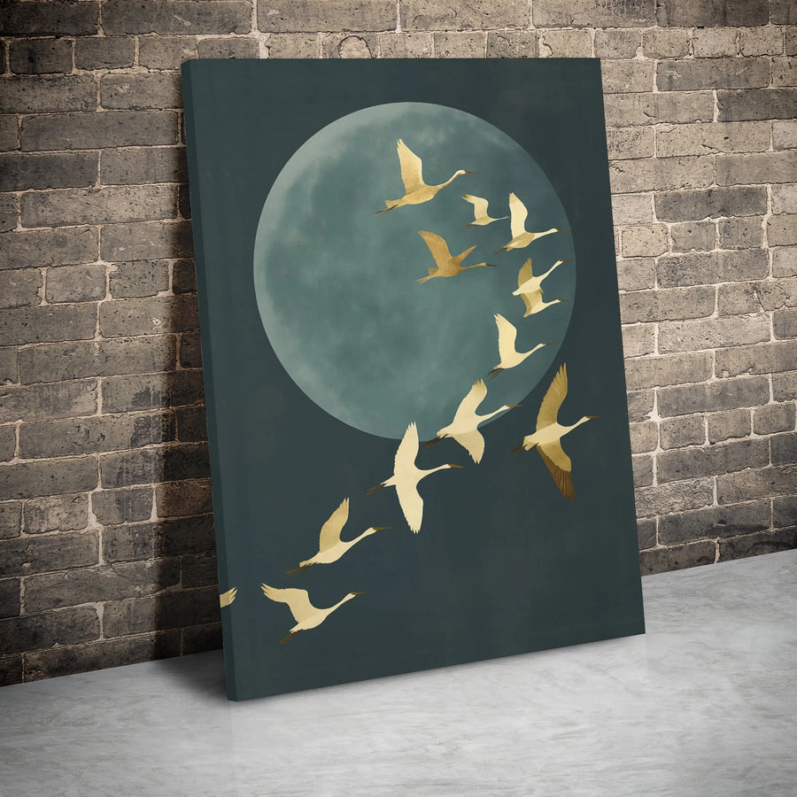 Gold Crane Wall Art | Minimalist Japanese Bird Painting | Gallery Wrapped Canvas Print | Elegant Nature Home Decor For Living Room
