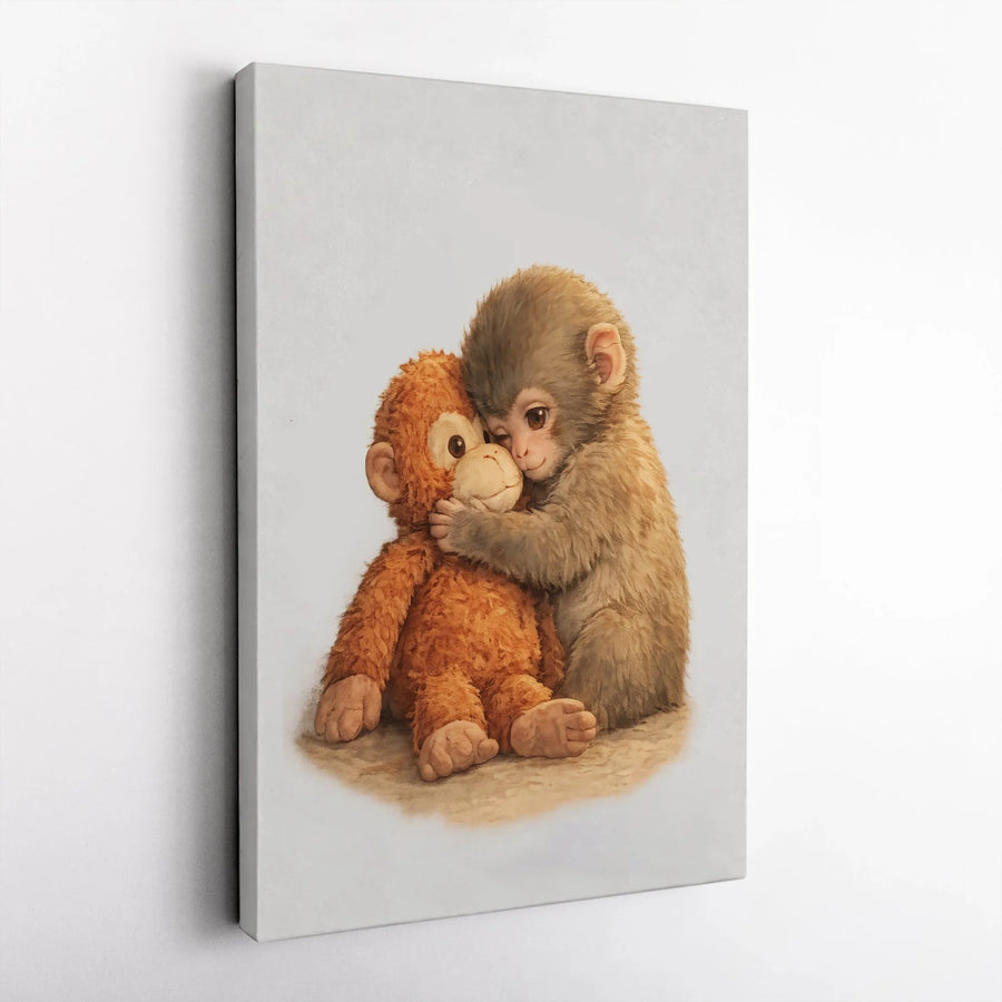Cute Baby Monkey Canvas Wall Art | Adorable Illustration of Monkey Hugging Stuffed Animal | Premium Gallery Wrapped Canvas | Gift for Kids & Nursery Decor