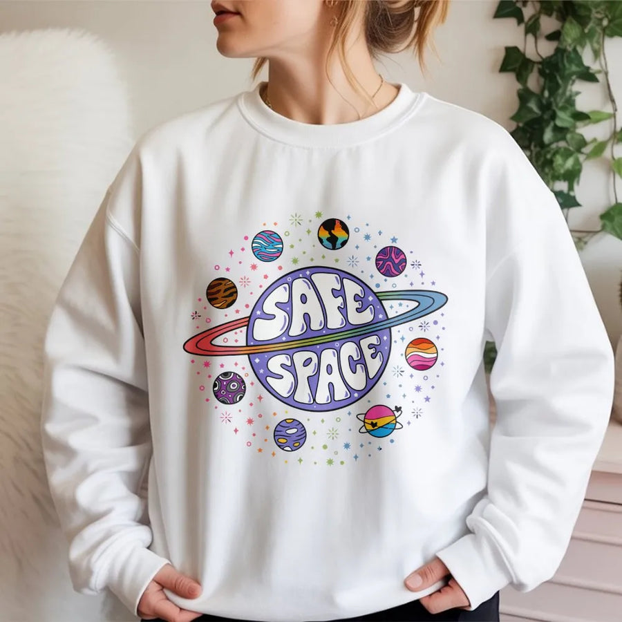 Safe Space Sweatshirt | LGBTQ Pride Planet Graphic | Cotton-Blend Premium Crewneck | Inclusive Gift for Pride Month and Allies