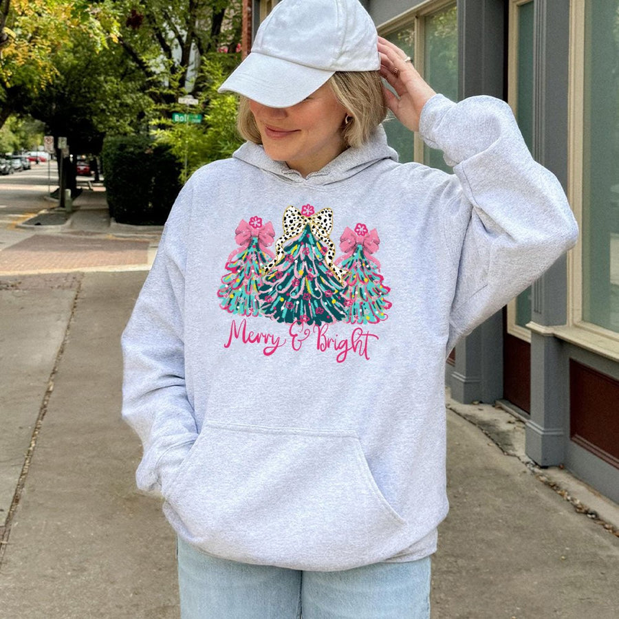 Merry And Bright Hoodie | Preppy Christmas Tree Coquette Bow Graphic | Premium Cotton Blend | Gift For Women & Teens