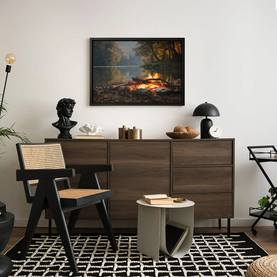 Autumn River Campfire Canvas Art | Cozy Forest Landscape Print | Premium 1.25 Inch Gallery Wrap | Rustic Home Decor Gift