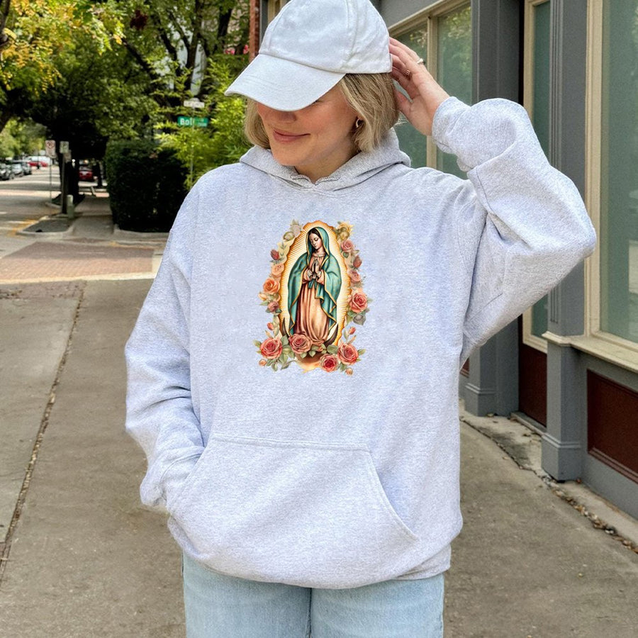 Virgin Mary Hoodie | Our Lady Of Guadalupe Floral Graphic | Premium Cotton Blend Pullover | Religious Gift for Faith & Devotion
