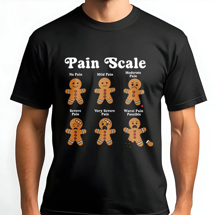 Gingerbread Pain Scale T-Shirt | Funny Nursing Christmas Humor Graphic Tee | 100% Cotton Premium Gift for RN Nurses & Medical Staff