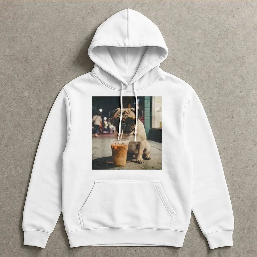 Pug Drinking Coffee Hoodie | Funny Dog with Sunglasses Graphic | Premium Soft Blend Sweatshirt | Gift for Pug Lover