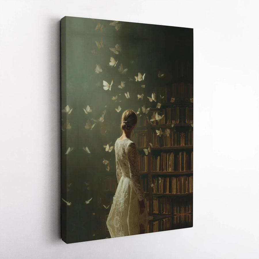 Dark Academia Canvas Wall Art | Woman & Butterflies in Moody Library | Premium Gallery Wrapped Canvas | Gift for Book Lover & Reader