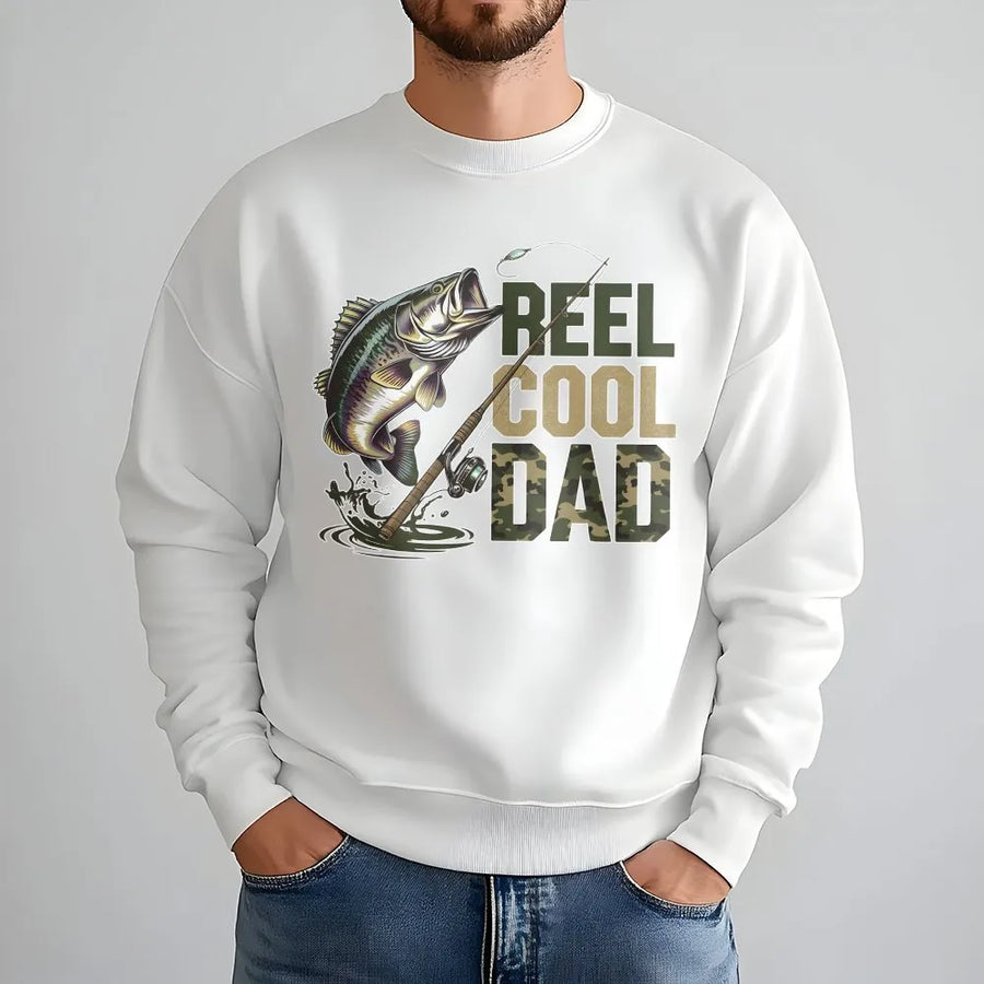 Reel Cool Dad Fishing Sweatshirt | Bass Fishing Graphic with Camo Text | Premium Cotton Blend | Father's Day Gift for Fisherman