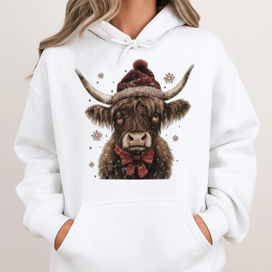 Christmas Highland Cow Hoodie | Cute Santa Hat Western Holiday Sweatshirt | Premium Cotton Blend | Festive Winter Gift For Women