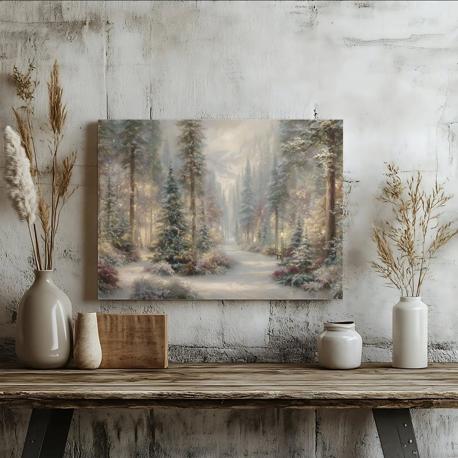 Winter Forest Canvas Wall Art | Enchanted Snow Covered Path Print | Gallery Wrapped Premium Decor | Holiday Seasonal Gift for Home Interior