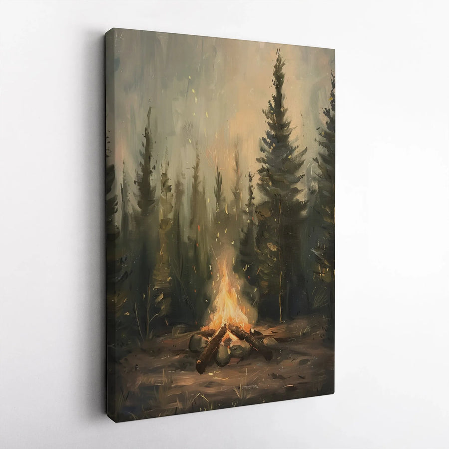 Campfire Forest Wall Art | Misty Pine Tree Landscape Painting | Premium Gallery Wrap Canvas | Rustic Cozy Cabin Decor Gift for Nature Lovers