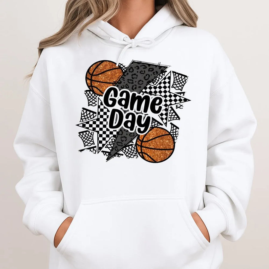 Game Day Basketball Hoodie | Faux Glitter Sports Graphic | Premium Cotton Blend | Basketball Mom Gift and Fan Apparel
