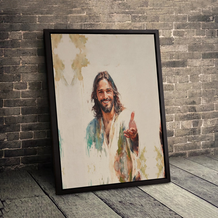 Smiling Jesus Wall Art | Watercolor Portrait Reaching Hand | Gallery Quality Canvas Print | Religious Home Decor Gift