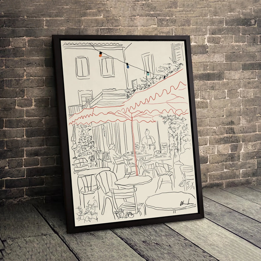 European Cafe Canvas Wall Art | Minimalist Line Drawing Print | Premium Fade-Resistant Gallery Wrap | Modern Home Decor Gift