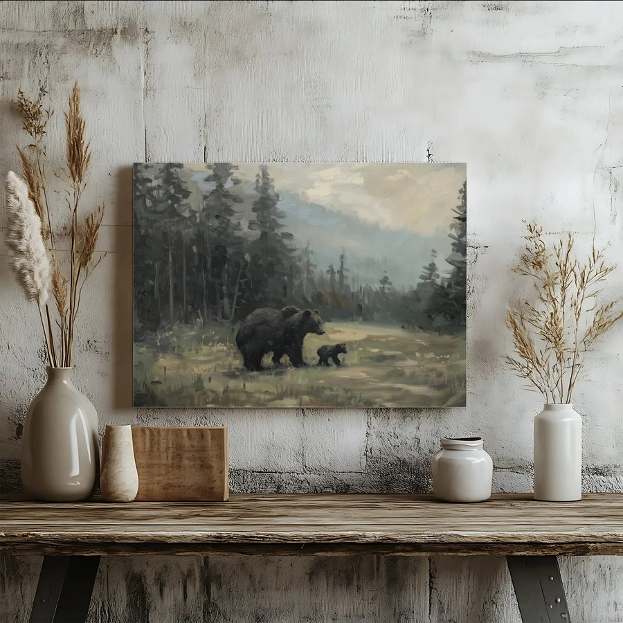 Mother Bear and Cub Wall Art | Rustic Forest Landscape Painting | Gallery Wrapped Canvas | Wildlife Decor for Cabin or Home