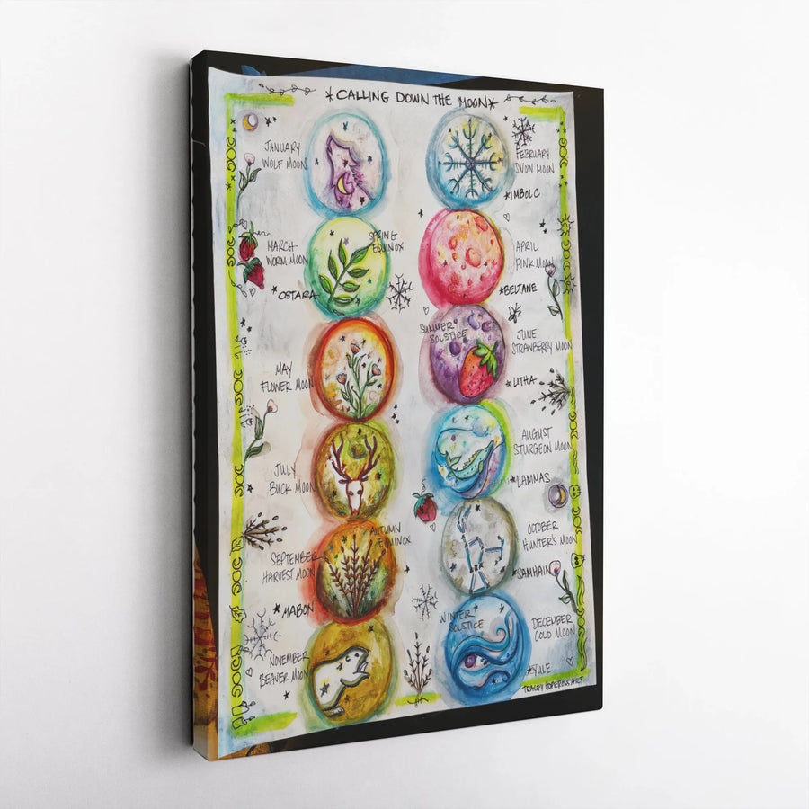 Wiccan Moon Calendar Canvas | Pagan Sabbat Wheel of the Year Wall Art | Premium Fade-Resistant Print | Spiritual Home Decor Gift for Witchcraft Enthusiasts