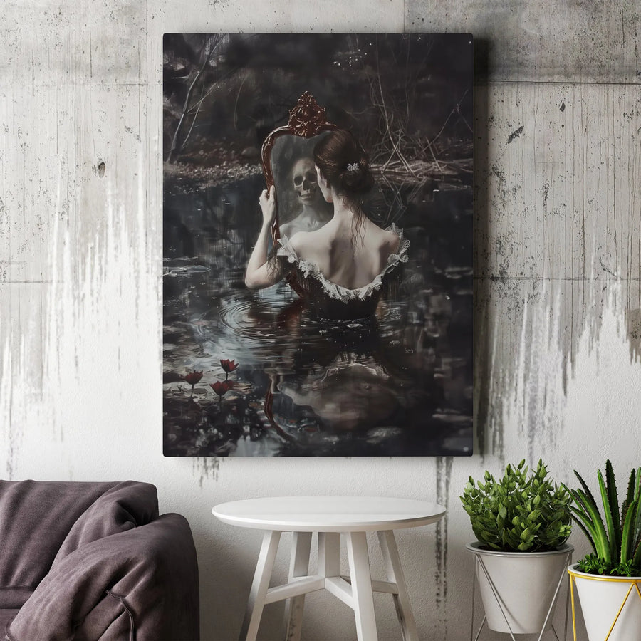 Gothic Wall Art Canvas | Dark Surreal Skull Reflection Mirror Print | Premium Gallery Wrap Decor | Moody Macabre Home Gift