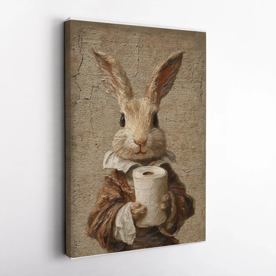 Funny Bathroom Canvas Art | Renaissance Rabbit with Toilet Paper | Premium Gallery Wrapped Wall Decor | Unique Housewarming Gift
