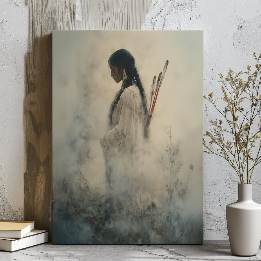 Native American Woman Wall Art | Ethereal Portrait with Arrows in Mist | Premium Gallery-Wrapped Canvas | Western Home Decor for Living Room