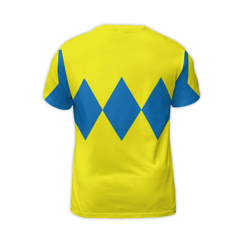 Horse Racing Jockey Silks T-Shirt | Yellow & Blue Diamond Pattern | Premium All Over Print Fabric | Gift for Equestrian Fan