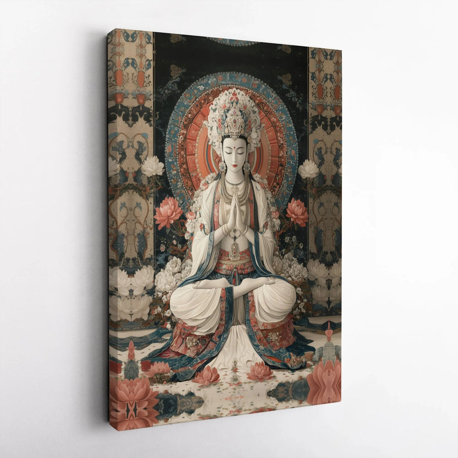 Meditating Guan Yin Canvas Print | Zen Buddha Wall Art with Lotus Mandala | Premium Gallery-Wrapped Decor | Spiritual Home Office Gift