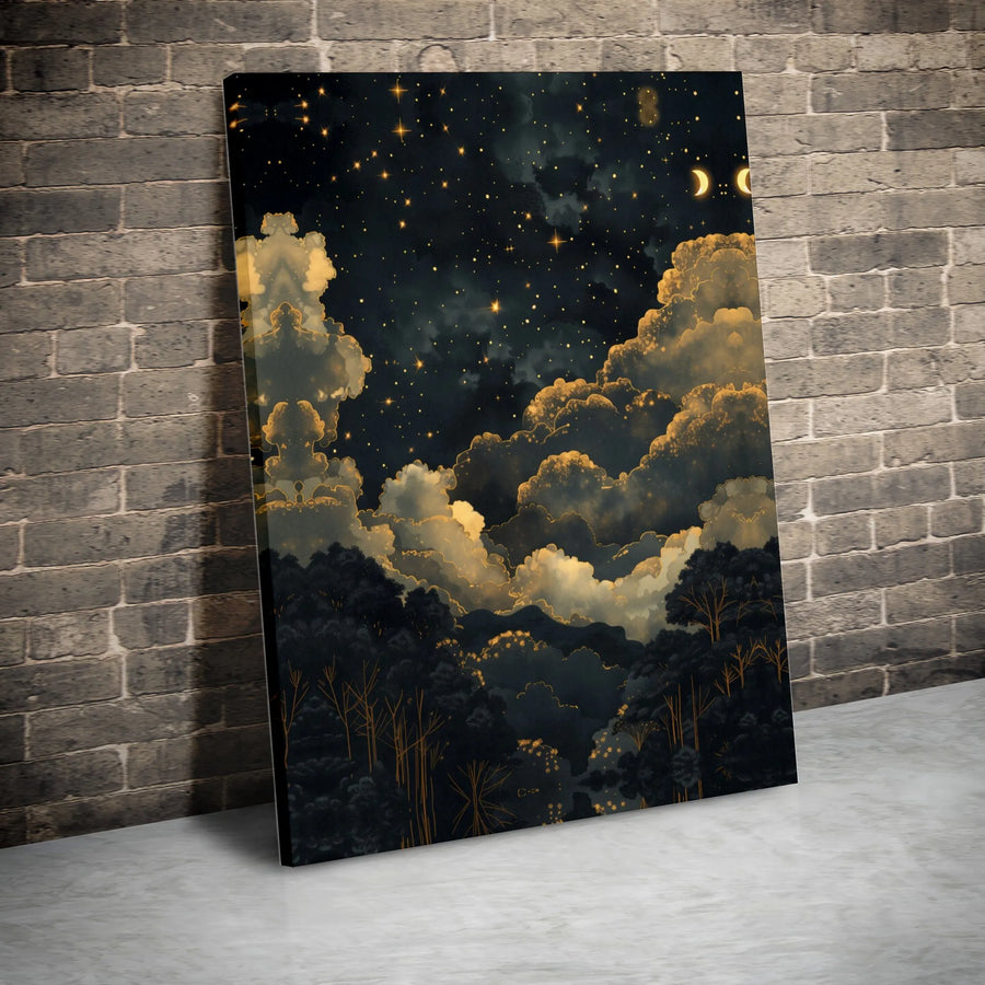 Celestial Night Sky Canvas Wall Art | Golden Clouds Forest Landscape | Gallery-Quality 1.25" Profile | Premium Home Decor Gift for Bedroom
