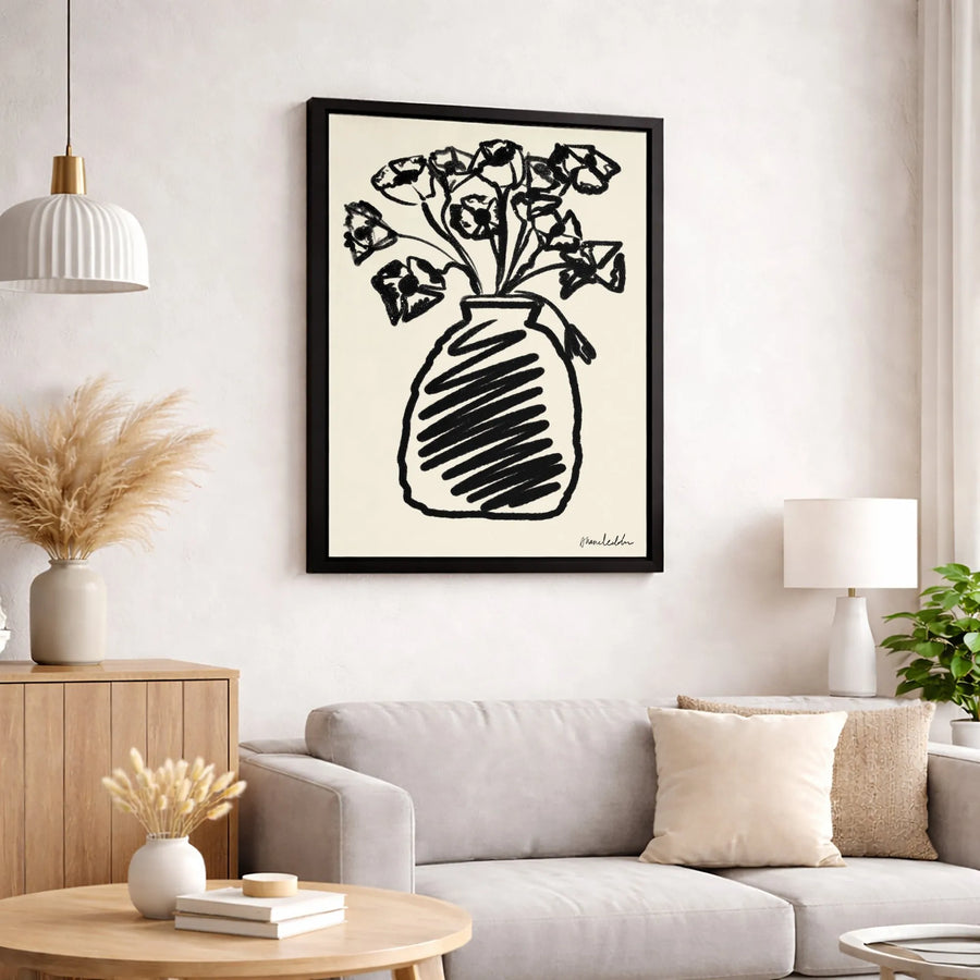 Minimalist Floral Canvas Wall Art | Black and White Sketch Flower Vase Print | Gallery Quality 1.25 inch Thick | Modern Home Office Decor Gift
