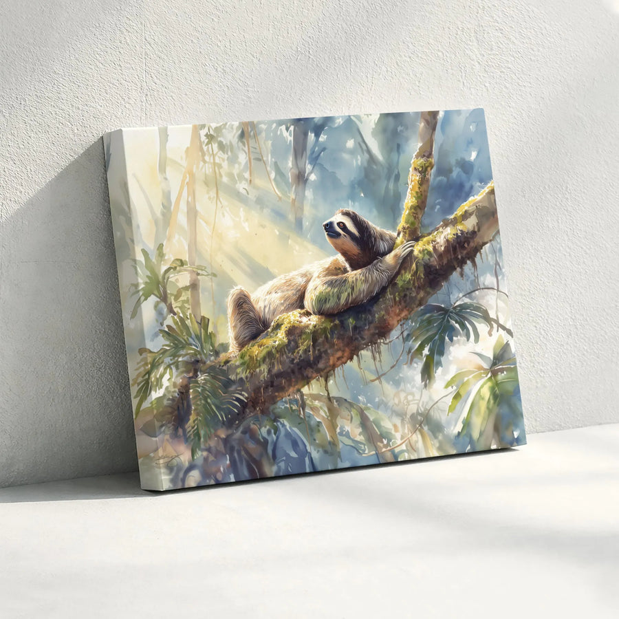 Sloth Wall Art Watercolor Print | Tropical Rainforest Jungle Scene | Gallery Quality 1.25" Canvas | Nature Lover Home Decor Gift