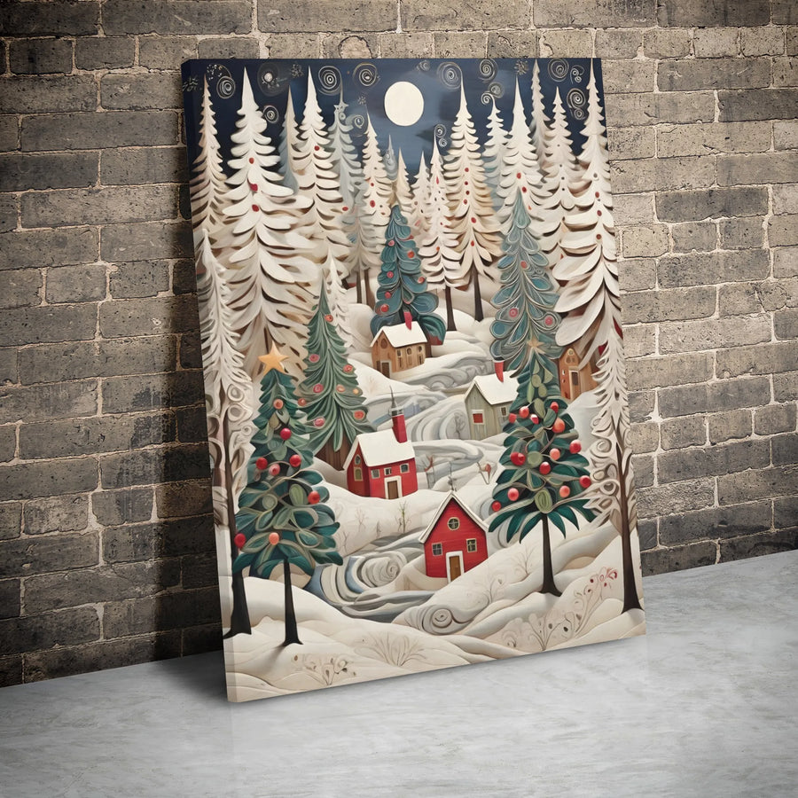 Snowy Christmas Village Canvas Wall Art | Papercraft Style Winter Forest Scene | 1.25” Gallery Wrap Premium Print | Festive Holiday Home Decor