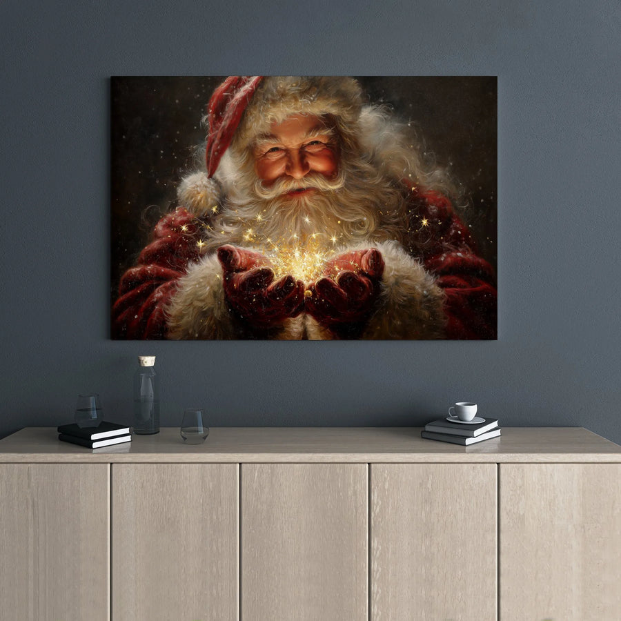 Santa Claus Canvas Wall Art | Magical Sparkling Christmas Portrait | Gallery Wrapped Premium Decor | Holiday Gift for Living Room