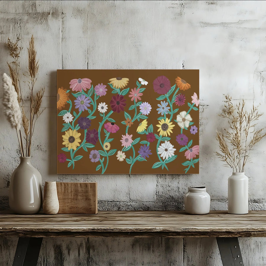 Boho Wildflower Canvas Wall Art | Retro Daisy and Sunflower Print | Premium Gallery Wrapped Canvas | Bohemian Home Decor Gift