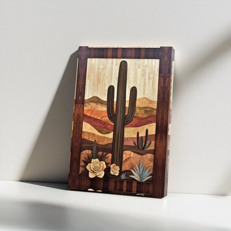 Saguaro Cactus Desert Wall Art | Southwestern Wood Marquetry Style Print | Premium Gallery Wrap Canvas | Rustic Home Decor Gift for Nature Lovers