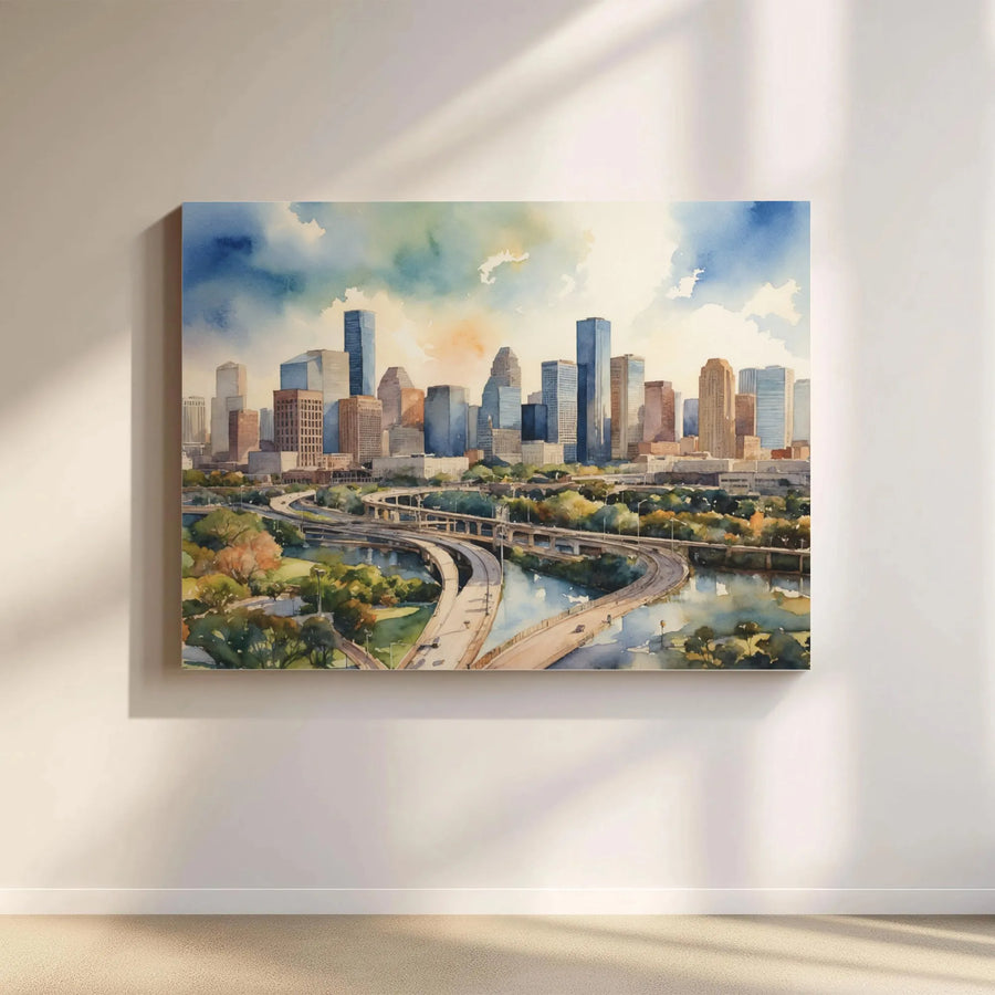 Houston Skyline Wall Art | Watercolor Texas Cityscape Painting | Premium 1.25" Gallery Canvas | Unique Texas Decor Gift for Home or Office