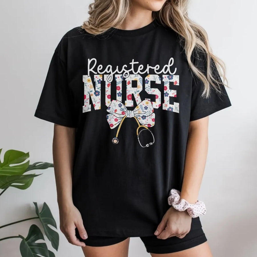 Registered Nurse Floral Stethoscope T-Shirt | Boho RN Aesthetic Design | Soft Cotton Medical Tee | Thoughtful Nursing School Graduation Gift