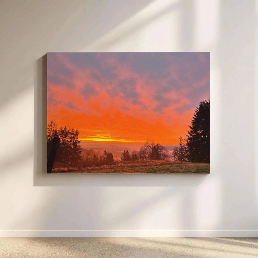 Fiery Orange Sunset Landscape Canvas | Misty Forest Valley Wall Art | 1.25 Inch Premium Gallery Wrap | Modern Home Decor Gift