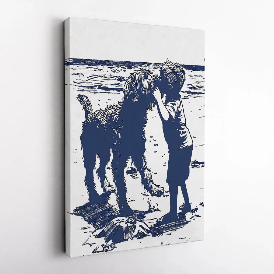 Boy and Dog Beach Silhouette Canvas Art | Heartwarming Coastal Pet Portrait | Premium 1.25" Gallery Wrap | Thoughtful Gift for Dog Lovers