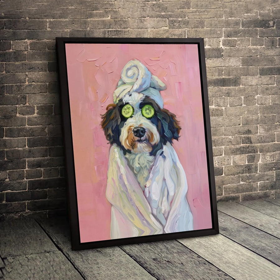 Dog Spa Day Wall Art | Funny Puppy in Towel with Cucumber Slices | Premium Gallery Wrapped Canvas | Whimsical Bathroom Decor Gift for Dog Lovers