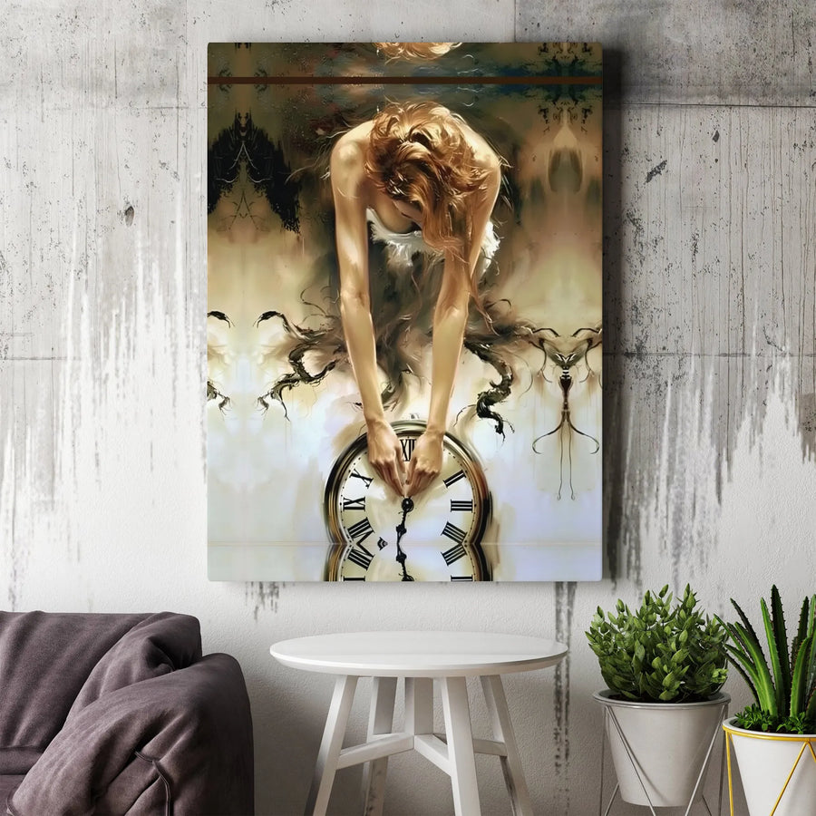 Surreal Woman With Clock Canvas Art | Abstract Time Theme Wall Decor | Gallery-Wrapped Premium Print | Sophisticated Modern Home Gift