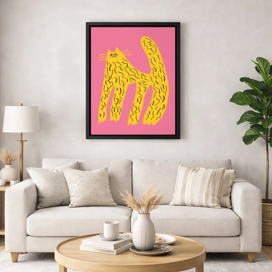 Yellow Cat Wall Art Print | Quirky Abstract Animal Illustration | Premium Gallery Wrapped Canvas | Colorful Maximalist Home Decor Gift